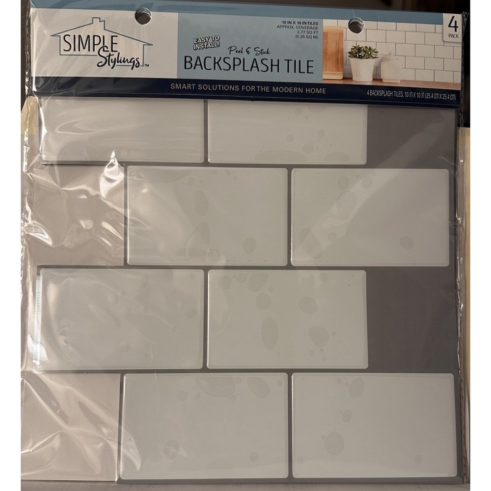 RoomMates 10.5" x 10.5" Peel and Stick White Subway Tile (S/4 SHEETS) 4 pack NEW
